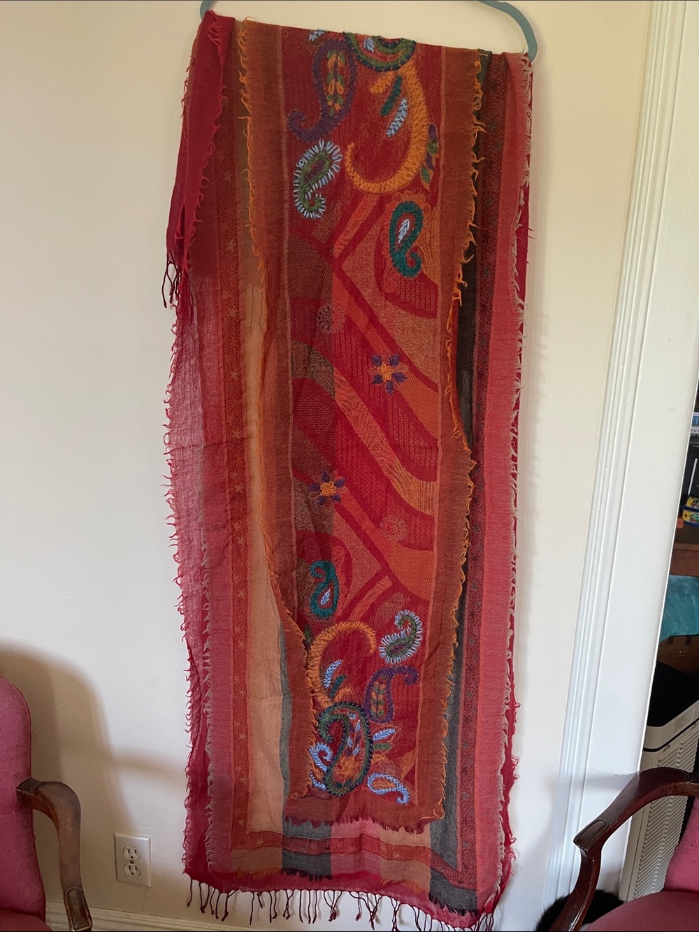 Red Paisley Embroidered Decorative Throw Scarf